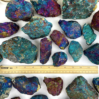 Assorted sizes of peacock ore rough stones on a white background.  They are a metallic shade of pinks, blues, and purples.  Placed with a ruler to show there is a large range in sizing.