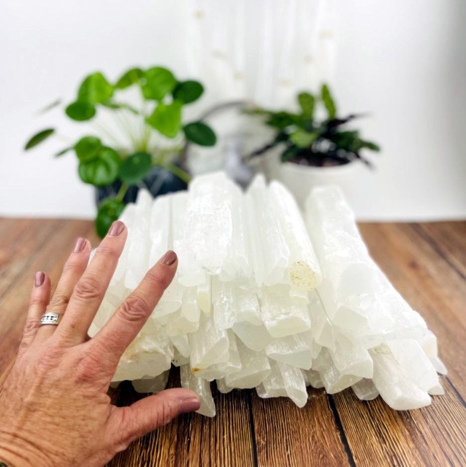 selenite bar box set with hand for size reference