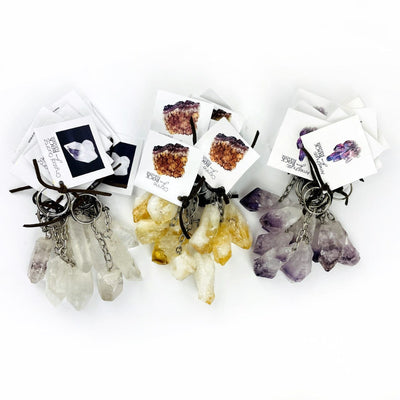 Crystal Point Keychains: 3 piles of 10 each of Crystal Quartz Points, Citrine Points, and Amethyst Points
