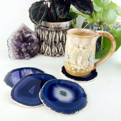 Purple Agate Coasters Set - 24k Gold or Silver Electroplated Edges--front shot with tea cup on coasters on the side for size comparison.