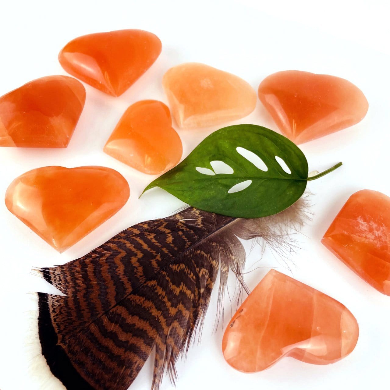 8 Orange Selenite Puffy Hearts around a leaf and feather 