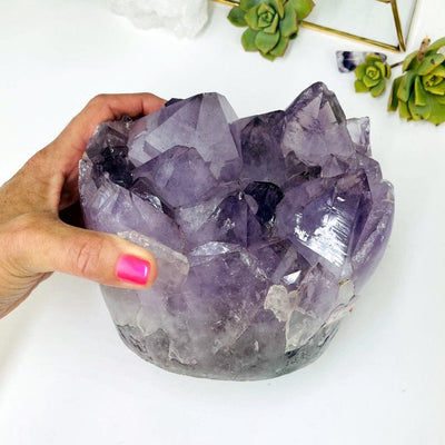 Amethyst Crystal Cluster  - Gorgeous Large Crystals with Polished Sides with hand in the picture for sizing