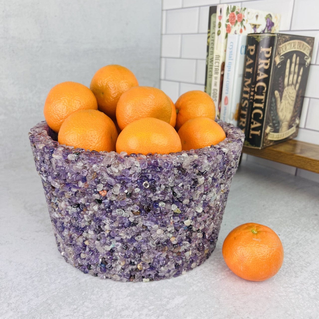 Amethyst  Tumbled Stone Pot with fruit inside. 