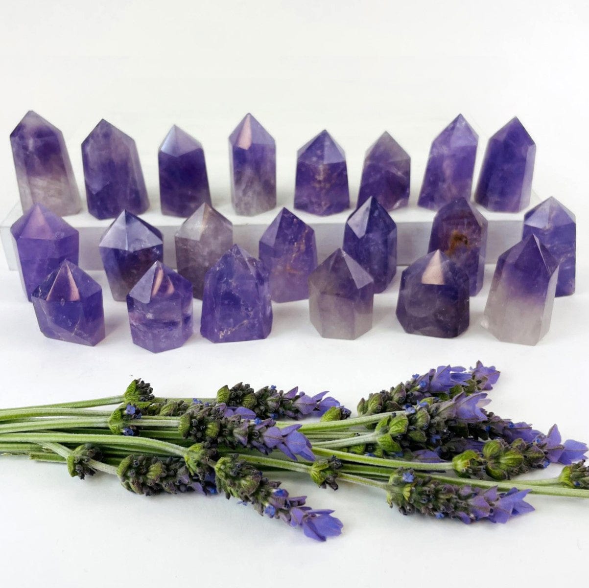 multiple Amethyst Stone Towers displaying different size variations 