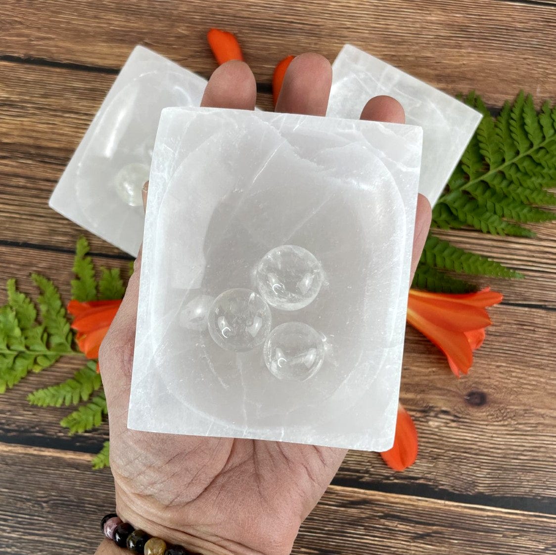selenite rectangle dish in hand for size reference