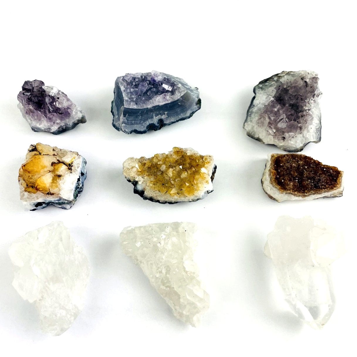 triple energy set made up of crystal quartz, heat treated citrine and amethyst