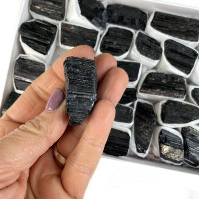 Raw Black Tourmaline box in background and 1 in a hand for size reference