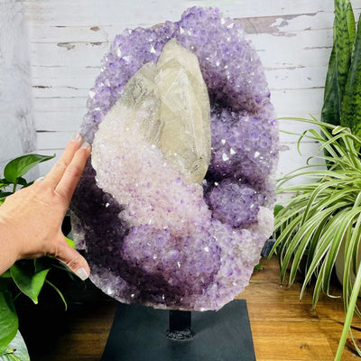 Amethyst Cluster with Calcite and Druzy on Metal Stand with a hand for sizing