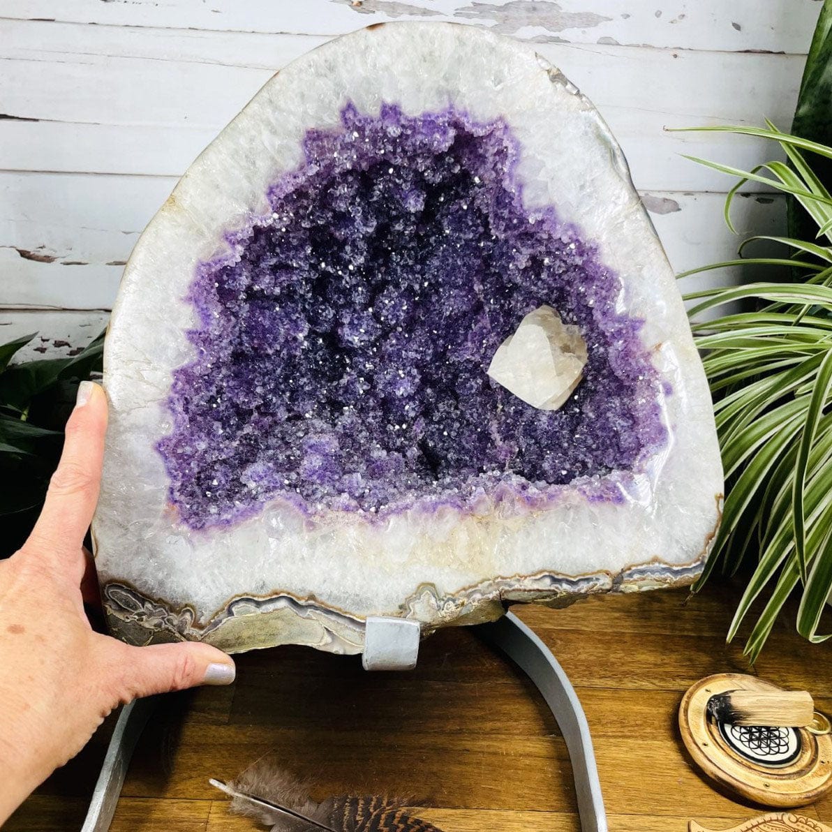 Amethyst Cluster with Calcite Chunk on Metal Stand