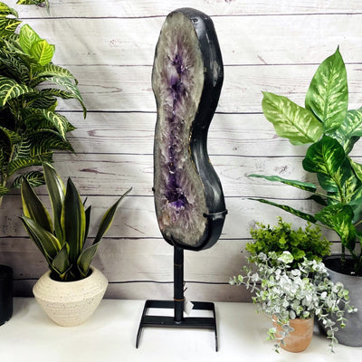 Amethyst Slice in shape of 8 on Metal Stand side view