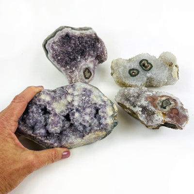 Bulk Lot 4 Amethyst Stalactite Druzy Cluster Geode with a hand to show sizing