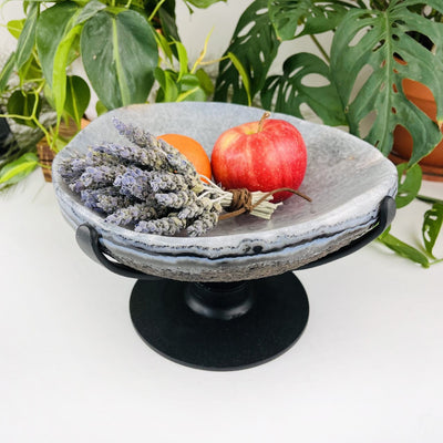 Polished Agate Dish on Metal Spinning Base with fruit and flowers in bowl