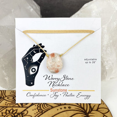 sunstone worrystone necklace on a card