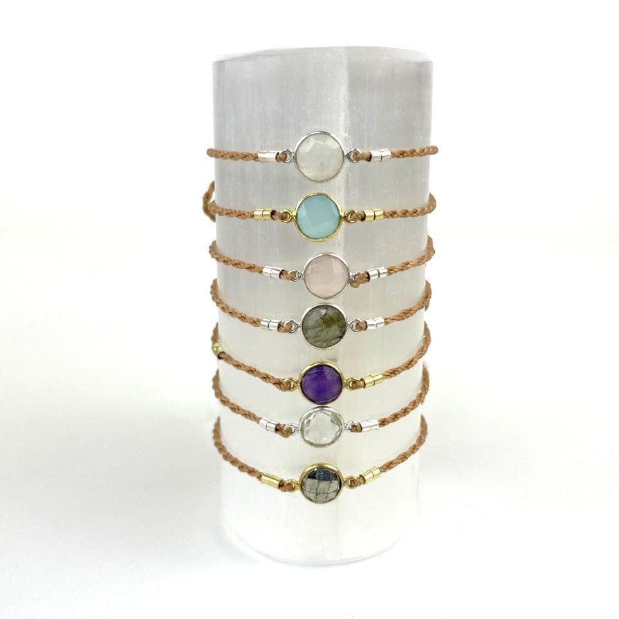 Gemstone Bezel Bracelets - Adjustable Cord with Gold or Silver Plated Accents, showing the tan cording with the different stones available