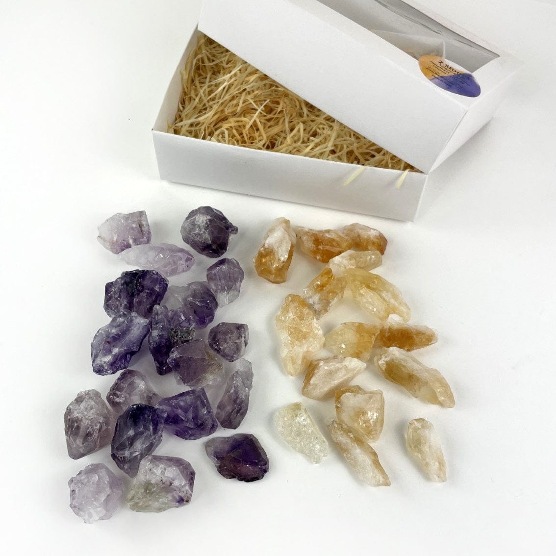 Amethyst and Citrine (Golden Amethyst)  Pieces spread out on a table