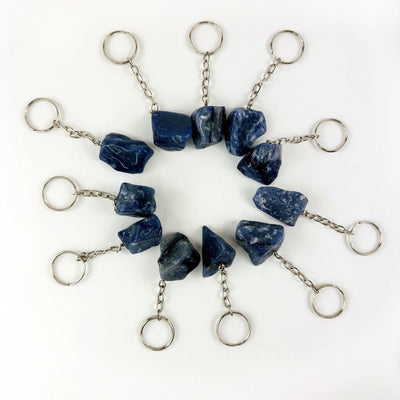 11 Blue Quartz Polished Freeform Silver Toned Key Chain - Tumbled Blue Stones in a circle