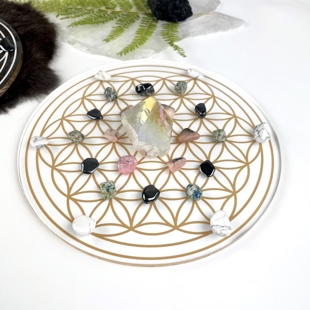 Crystal Grid Flower of Life Acrylic Grid set up with stones on gold side