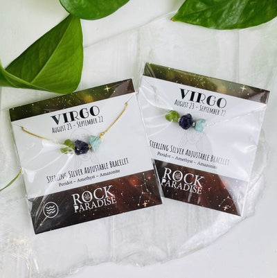 2 Virgo Bracelets with 3 Stones for your Zodiac Sign - Gold over Sterling or Sterling Silver Adjustable Length in their packaging