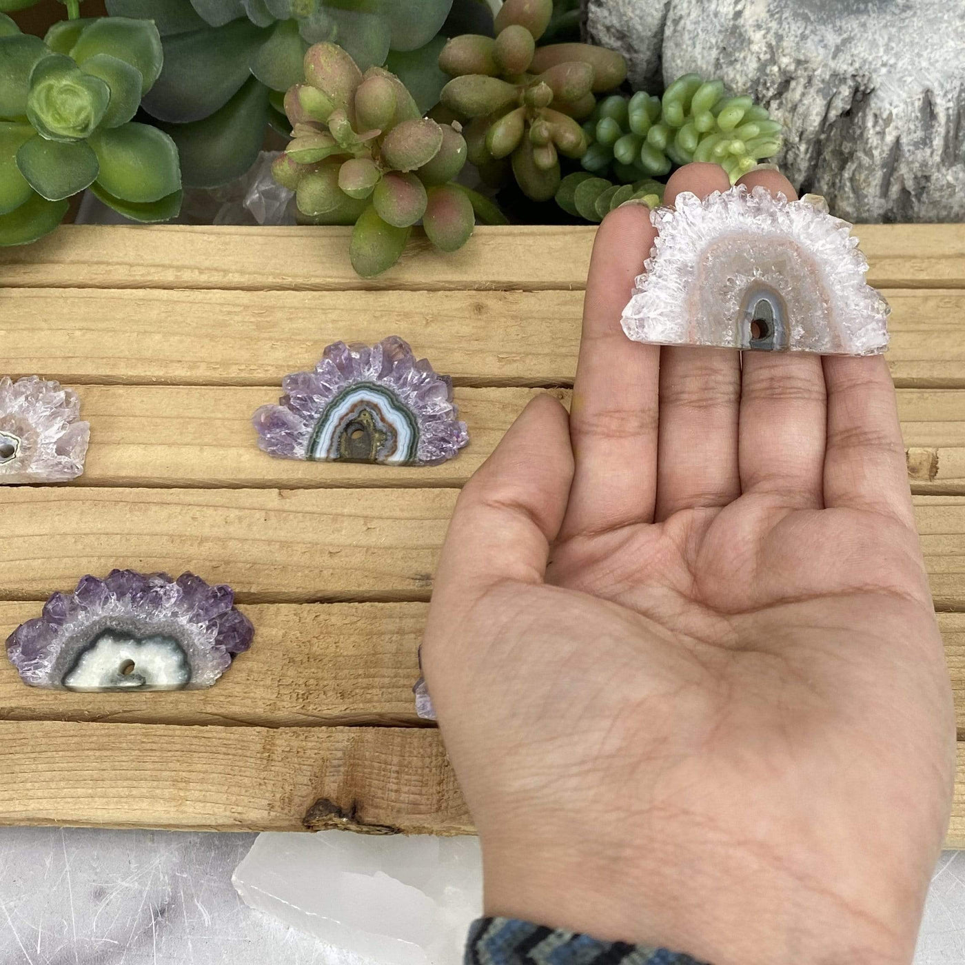 Amethyst Stalactite Slices - Single Drill Hole with #3 in a hand for size reference