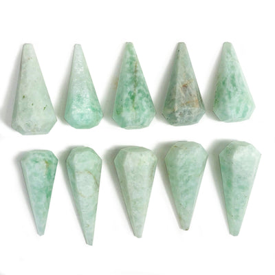 amazonite pendulum points being displayed on a white back ground.