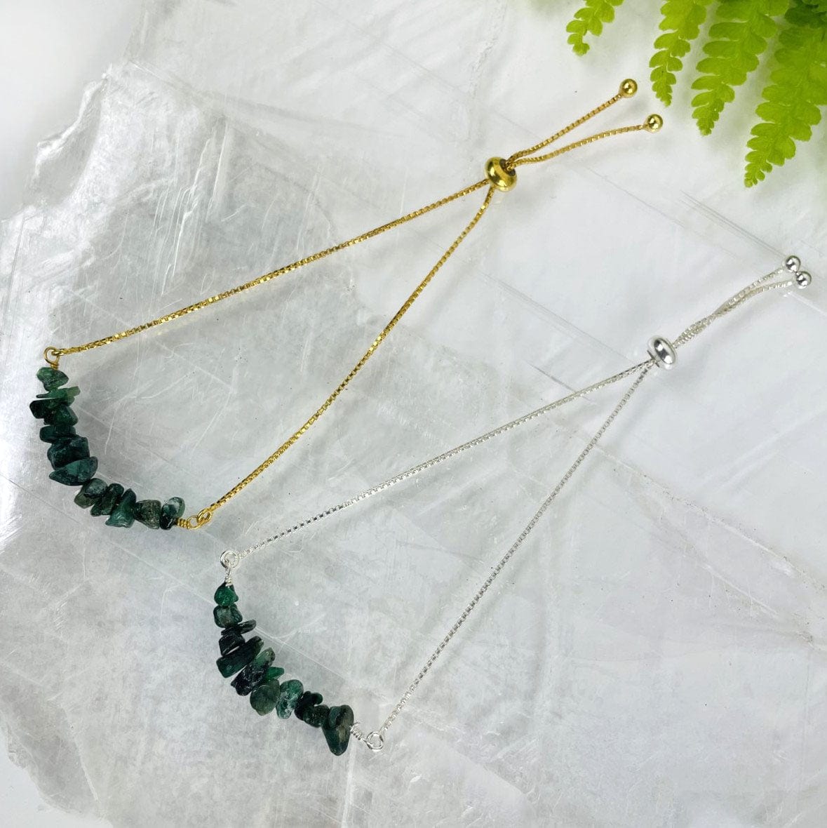 2 Emerald Stone Bracelets - May Birthstone - Gold over Sterling or Sterling Silver Adjustable Length
