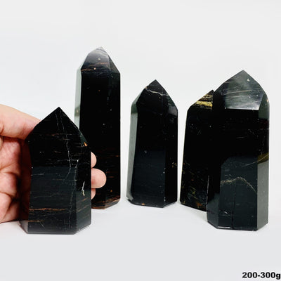 hand behind 200-300g black tourmaline with red iron polished points