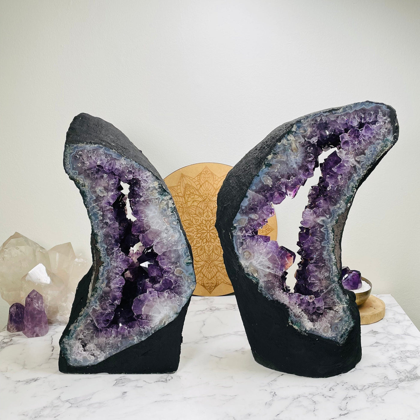 amethyst portals shaped as moon crescents displayed as home decor 