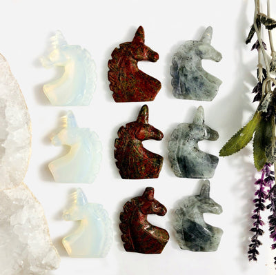 9 assorted Gemstones Unicorn Head Crystal Carvings