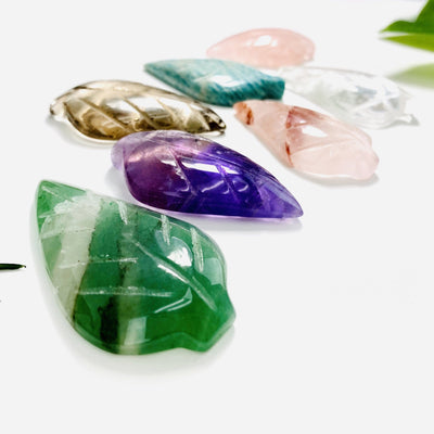 Gemstone Leaf in assorted stones from a side view showing thickness