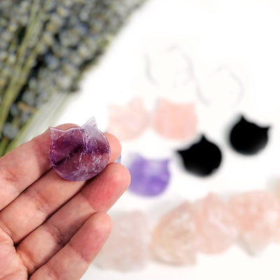 hand holding up amethyst Gemstone Cat with others blurred in the background
