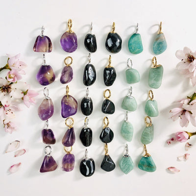 gemstone pendants available in amethyst hematite amazonite bail is electroplated in silver and gold style