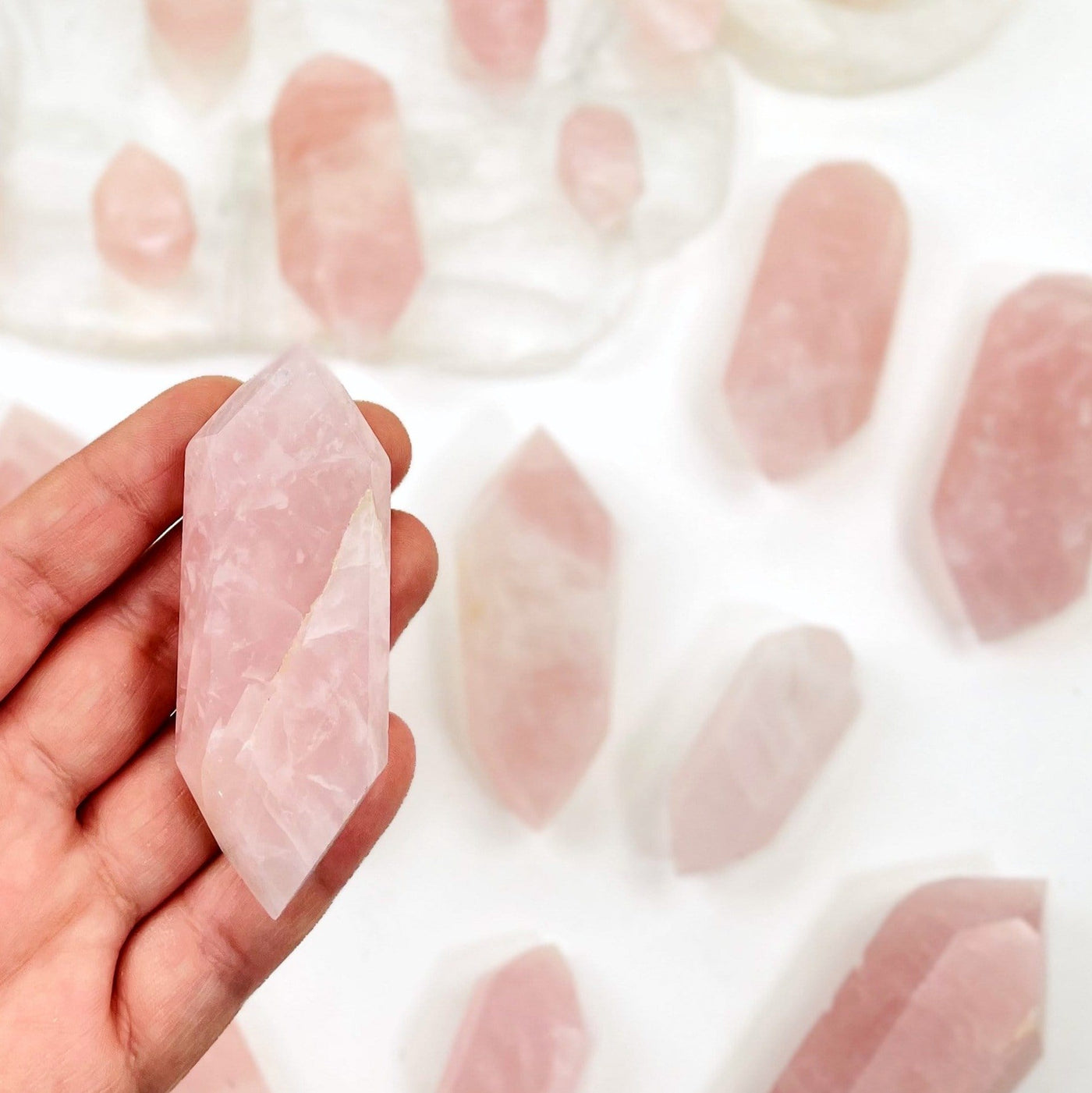 Hand holding up Rose Quartz Double Terminated Points with others blurred on white backgorund