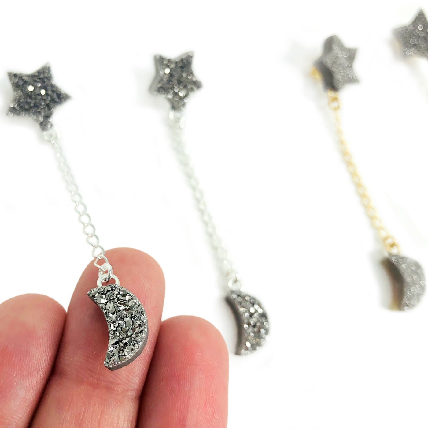 Star and Moon Titanium Druzy Dangling Earrings - by a hand