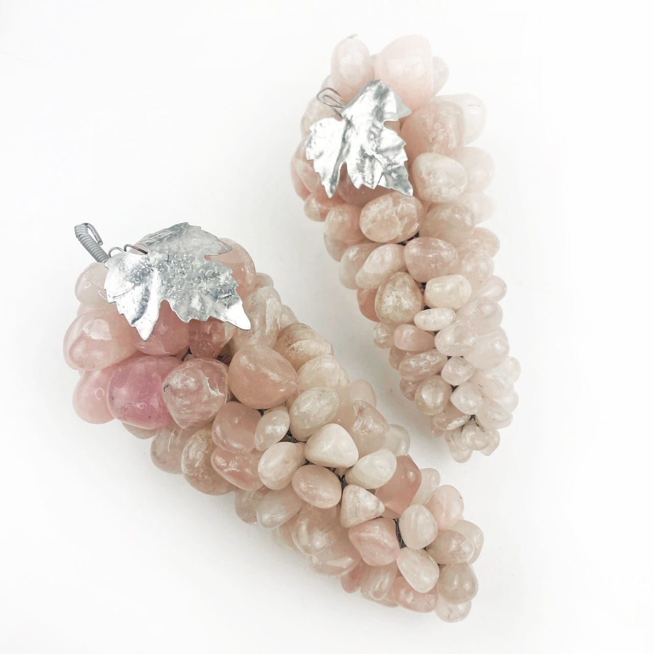 2 rose quartz Large Polished Stone Grape Bunches with Silver Leaf