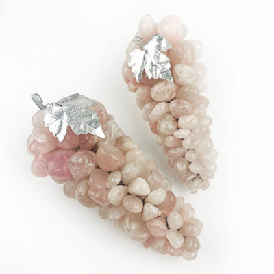 2 rose quartz Large Polished Stone Grape Bunches with Silver Leaf