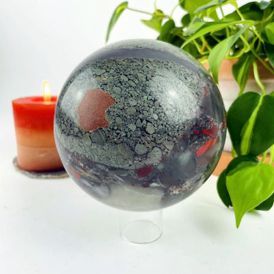 African Bloodstone Polished Sphere on display