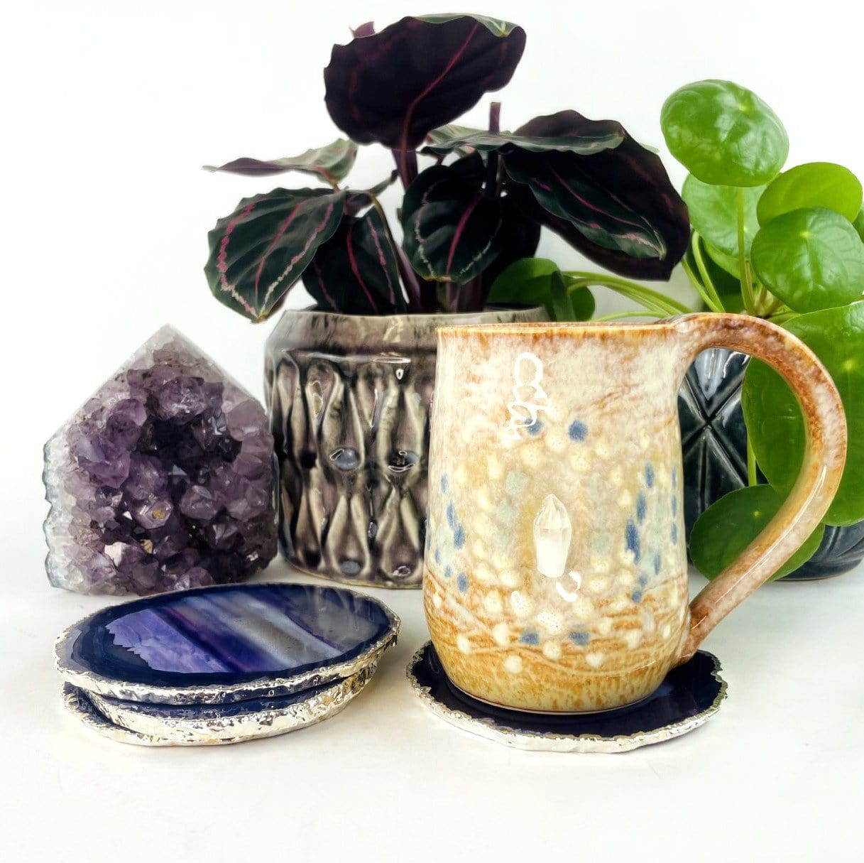 Purple Agate Coasters Set - 24k Gold or Silver Electroplated Edges--front shot view of tea cup on coaster.