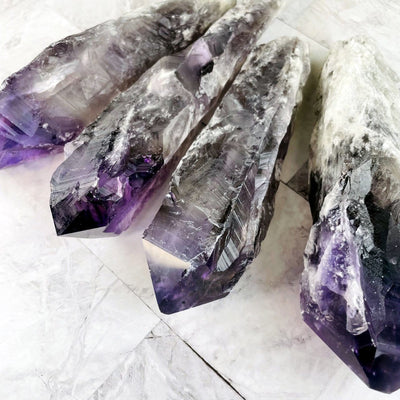 close up of elestial amethyst points