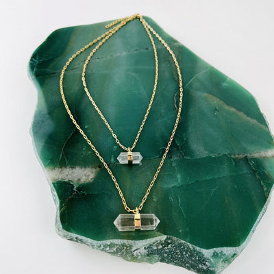 Crystal Point Necklace in gold on green stone