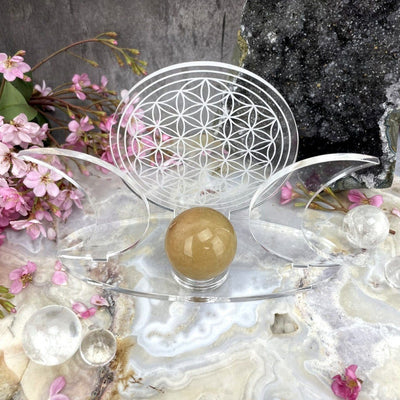 A top view of an Acrylic Sphere Holder Crescent Moons - Flower of Life holding a sphere in an alter that consists of crystals and flowers.