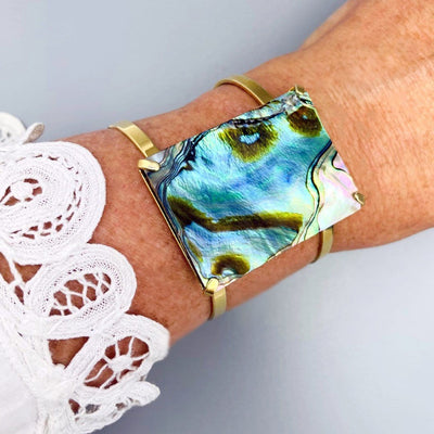 Abalone Geometric Cuff in Gold Electroplate on wrist.