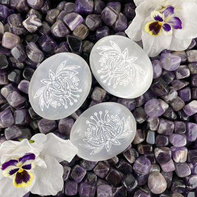 selenite lotus engraved palm stones on display