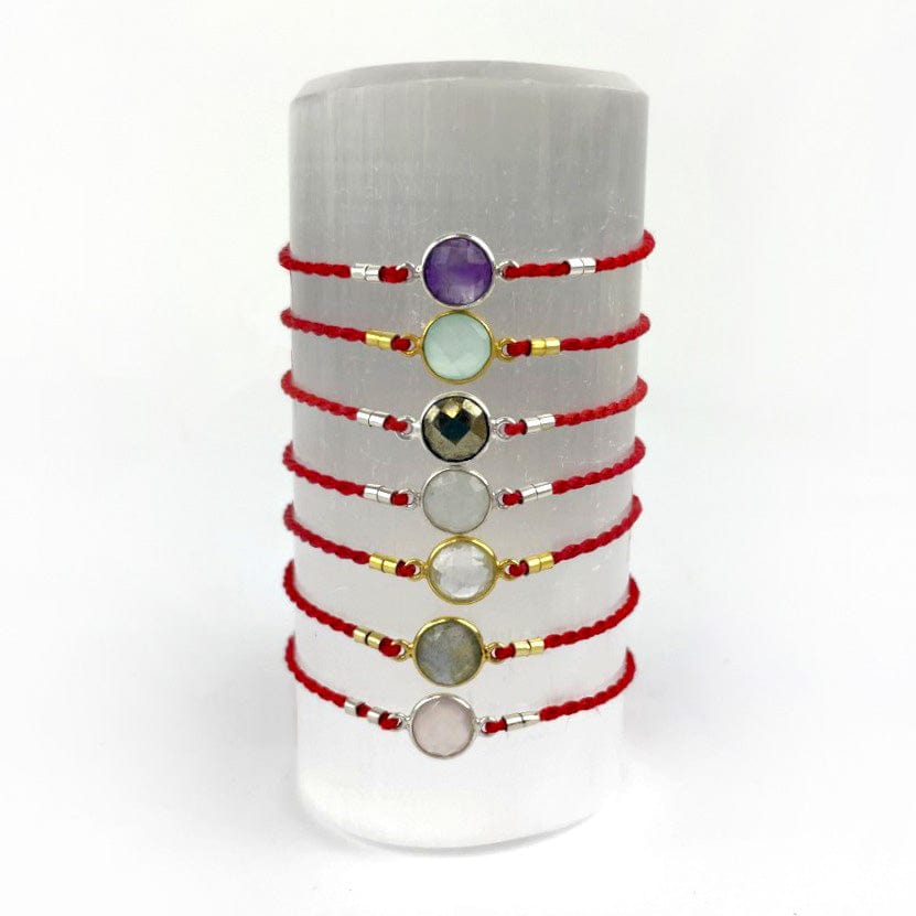 Gemstone Bezel Bracelets - Adjustable Cord with Gold or Silver Plated Accents, showing the red cording with the different stones available