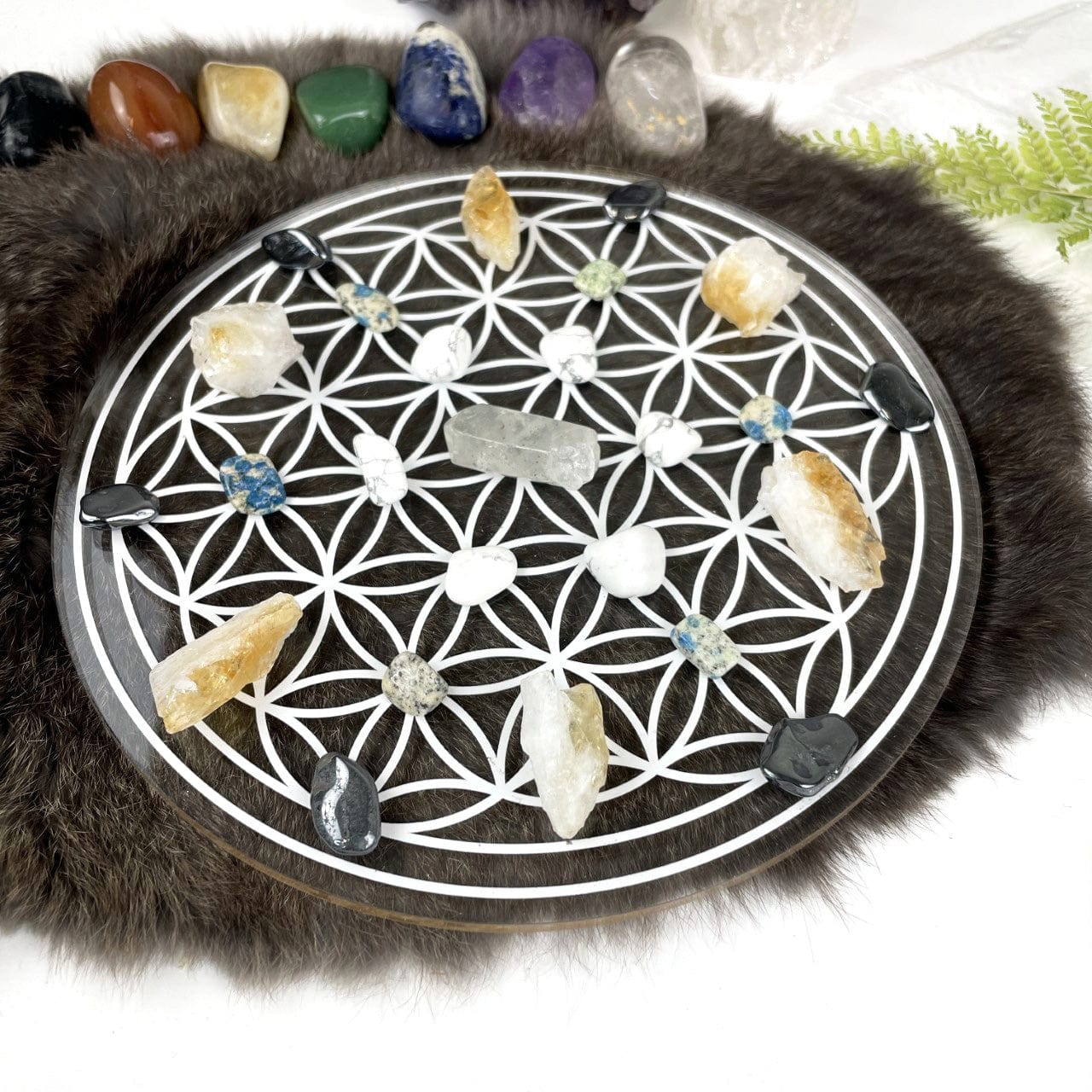 Crystal Grid Flower of Life Acrylic Grid - 2 sided - set up on  Gold side with stones