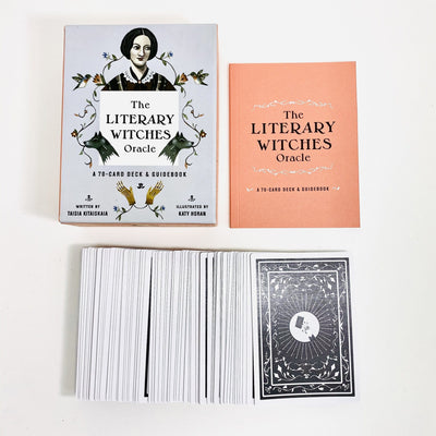 DISCOVER DIVINATION using the magic of literary genius. This shows The book literary witches oracle cards, with the cards laying on a flat surface 