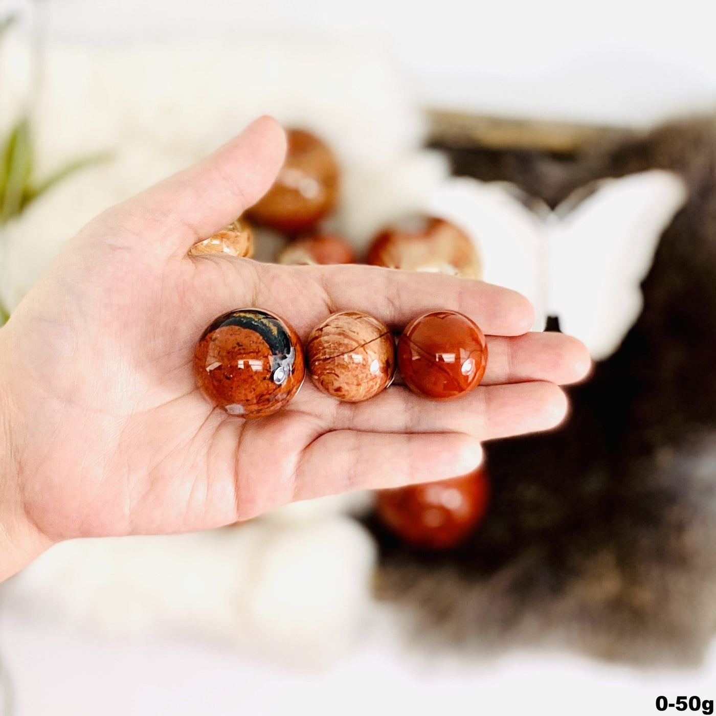 Hand holding up 0-50g Red Jasper Polished Spheres with decorations blurred in the background