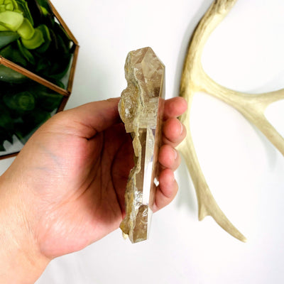 hand holding up Crystal Quartz Polished Stone showing side view