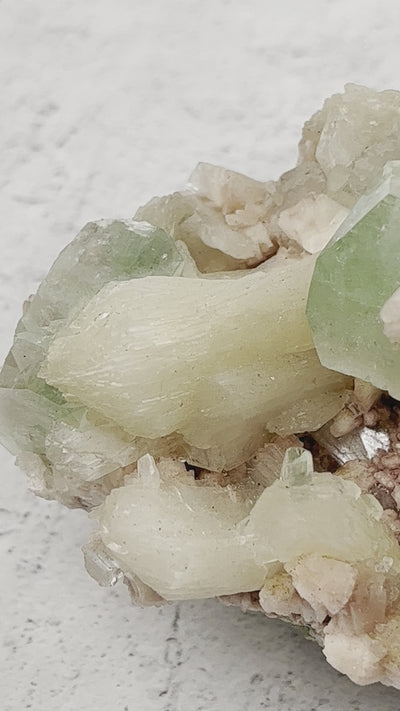 Green Apophyllite with Stilbite on Heulandite Zeolites - Video