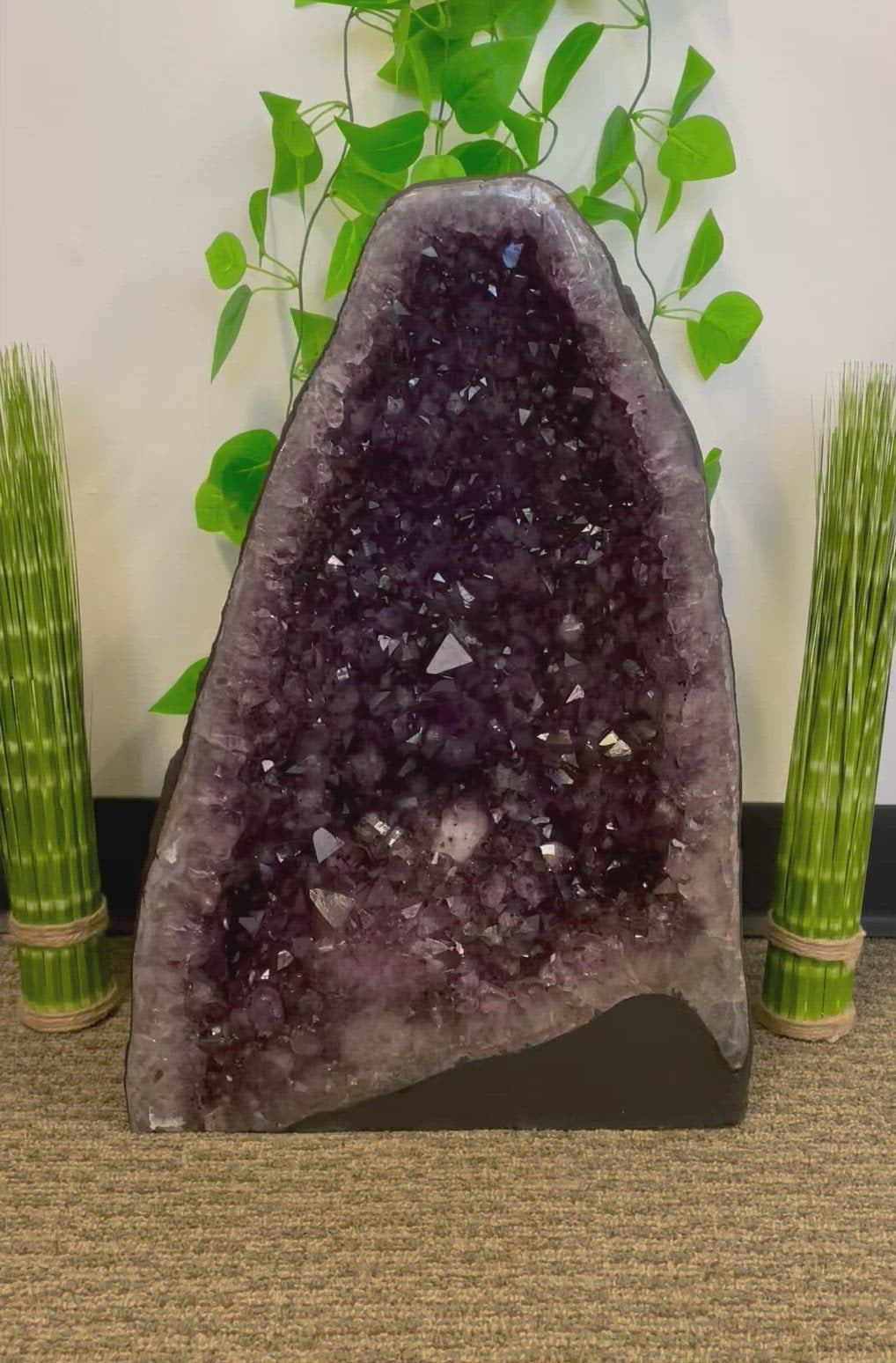 bottom to top close up video of amethyst cave geode for details