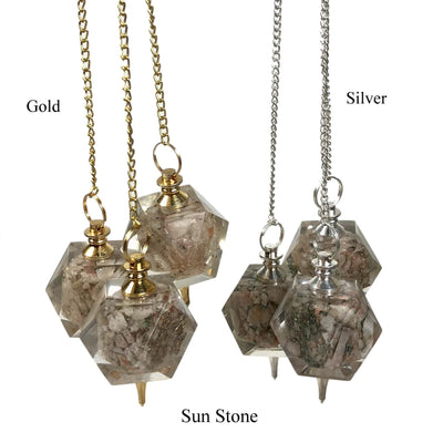 Three Sun Stone Pendulum with Gold chain on the left and three Sun Stone Pendulum with silver chain on the right